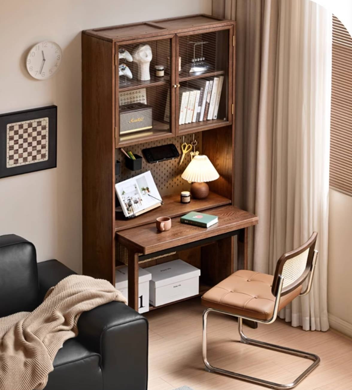 Oak, Black Walnut Solid Wood Office Desk With Integrated Bookshelf