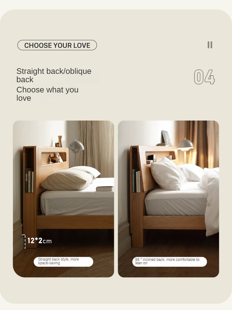 Oak solid wood bed with light and bookshelf