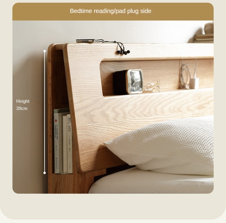 Oak solid wood bed with light and bookshelf