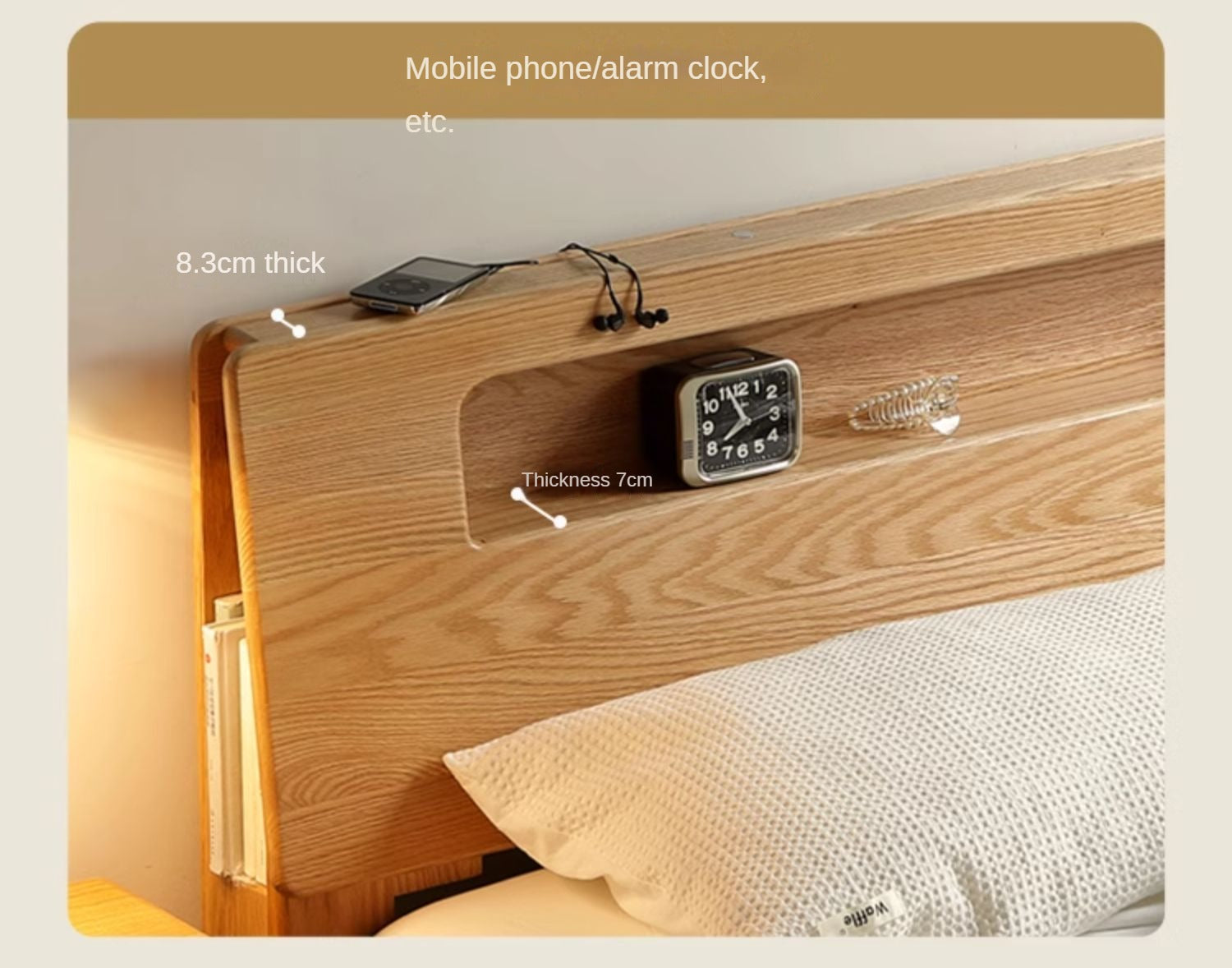 Oak solid wood bed with light and bookshelf