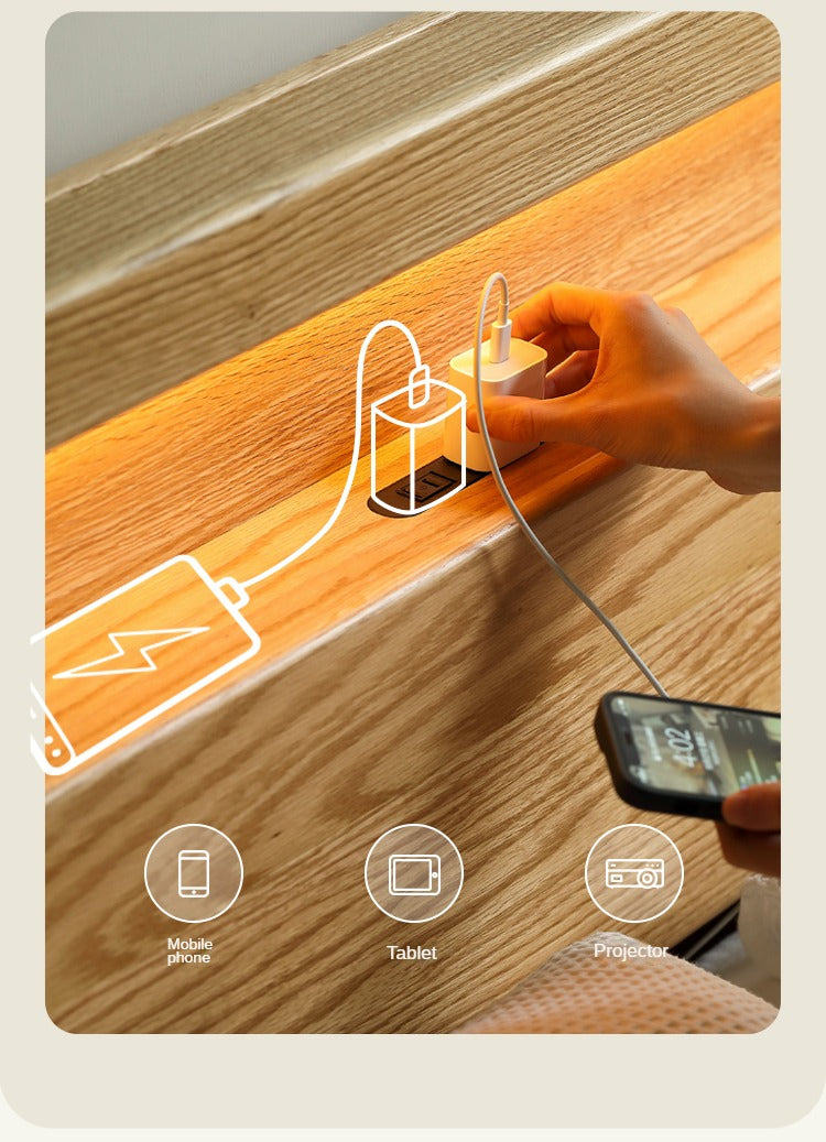 Oak solid wood bed with light and bookshelf