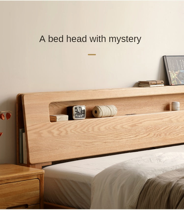 Oak solid wood bed with light and bookshelf