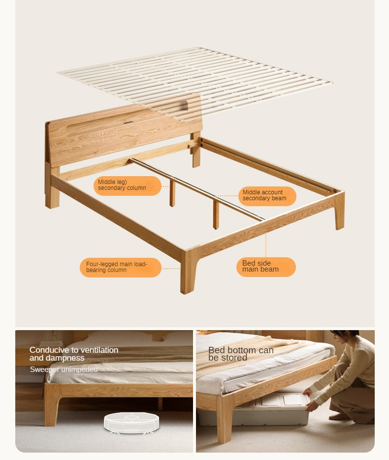 Oak solid wood bed with light and bookshelf