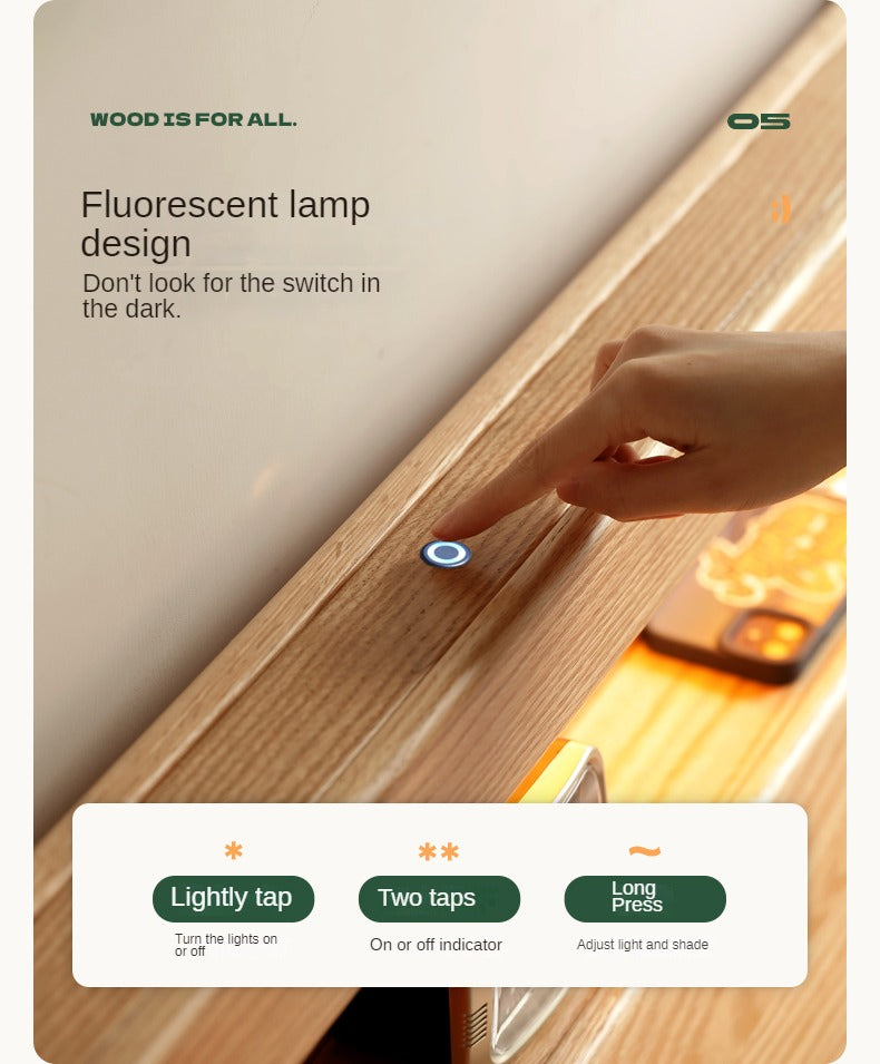 Oak solid wood bed with light and bookshelf