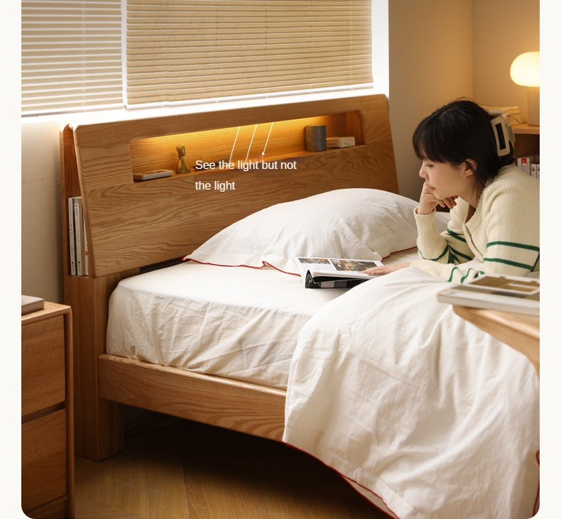 Oak solid wood bed with light and bookshelf