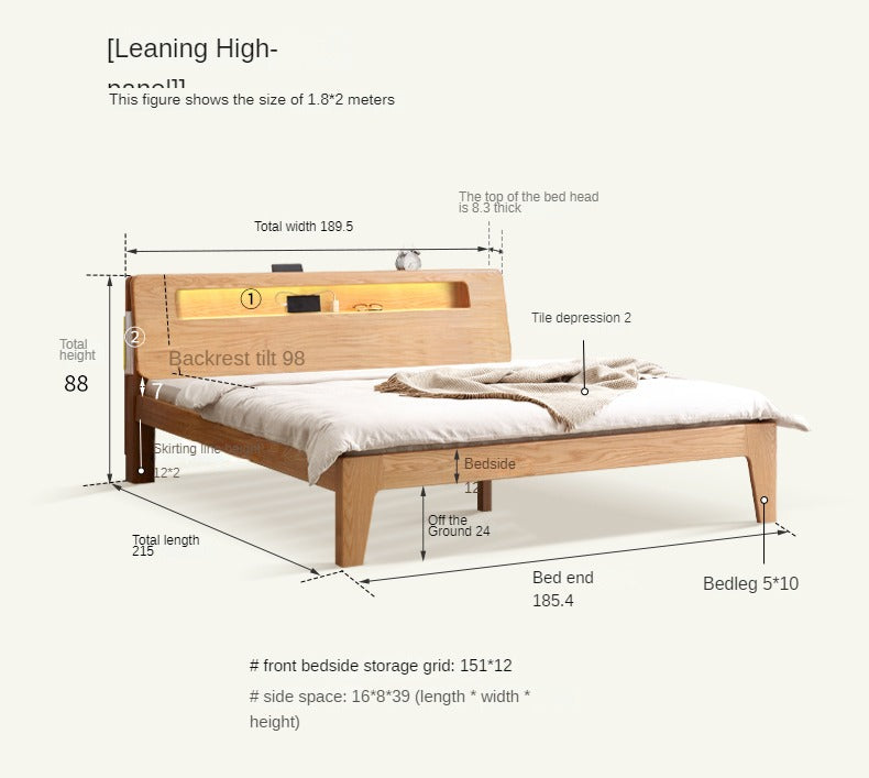 Oak solid wood bed with light and bookshelf