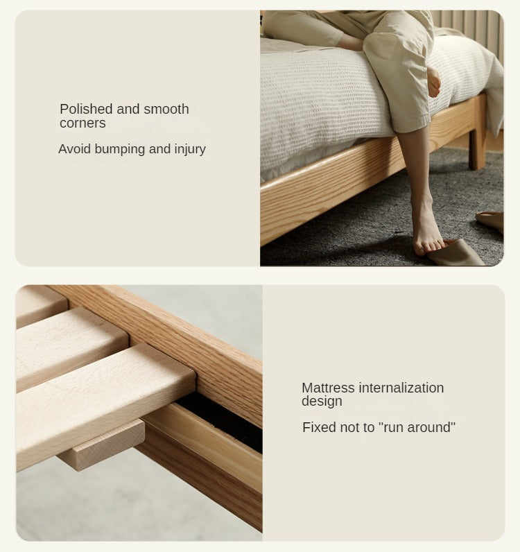 Oak solid wood bed with light and bookshelf