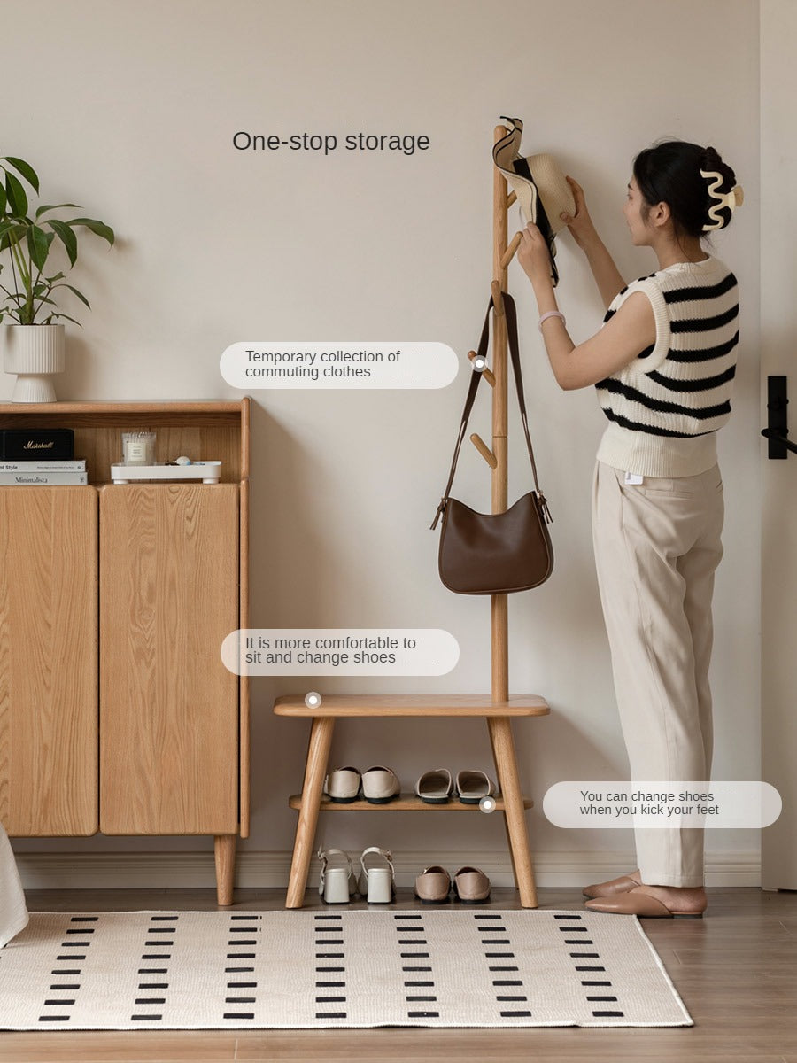 Oak Solid Wood Shoe Stool With Hanger Cabinet