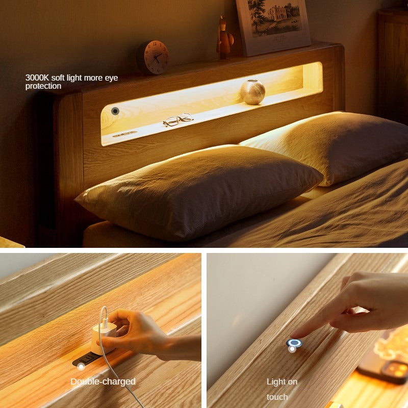 Oak solid wood bed with light and bookshelf