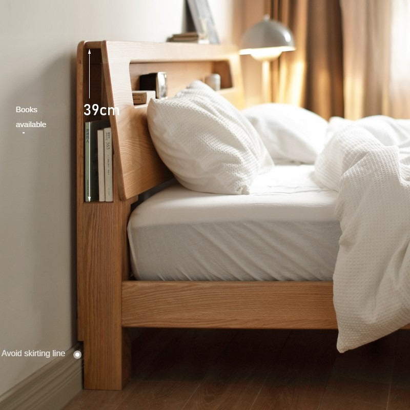 Oak solid wood bed with light and bookshelf