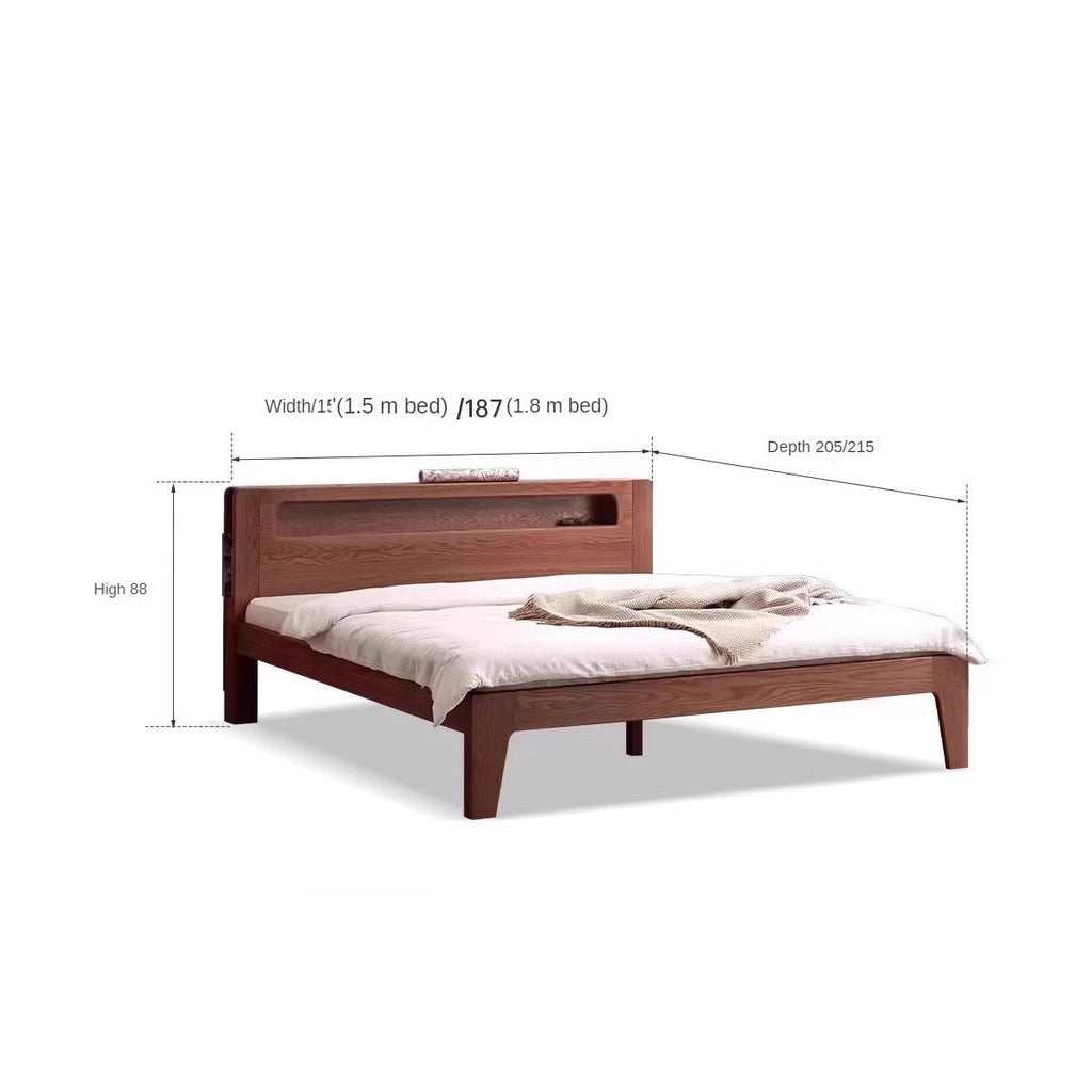 Oak solid wood bed with light and bookshelf