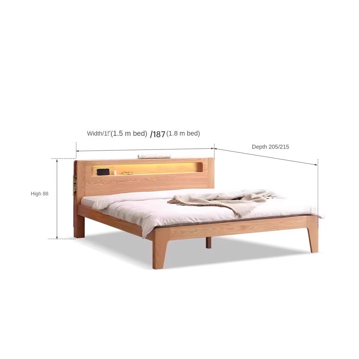 Oak solid wood bed with light and bookshelf