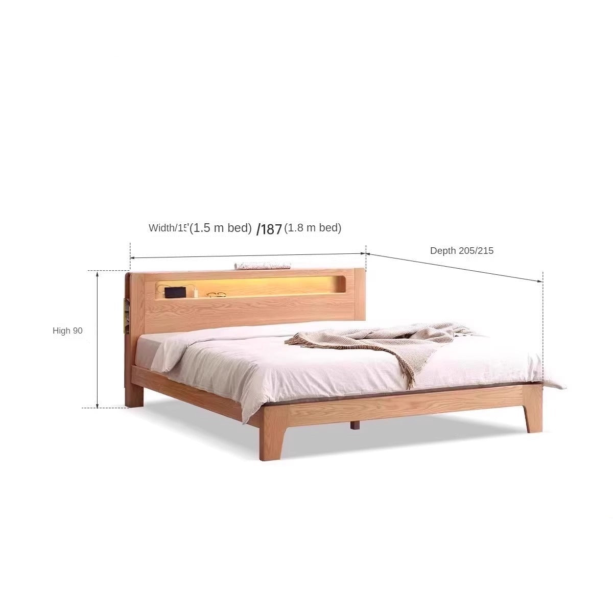 Oak solid wood bed with light and bookshelf