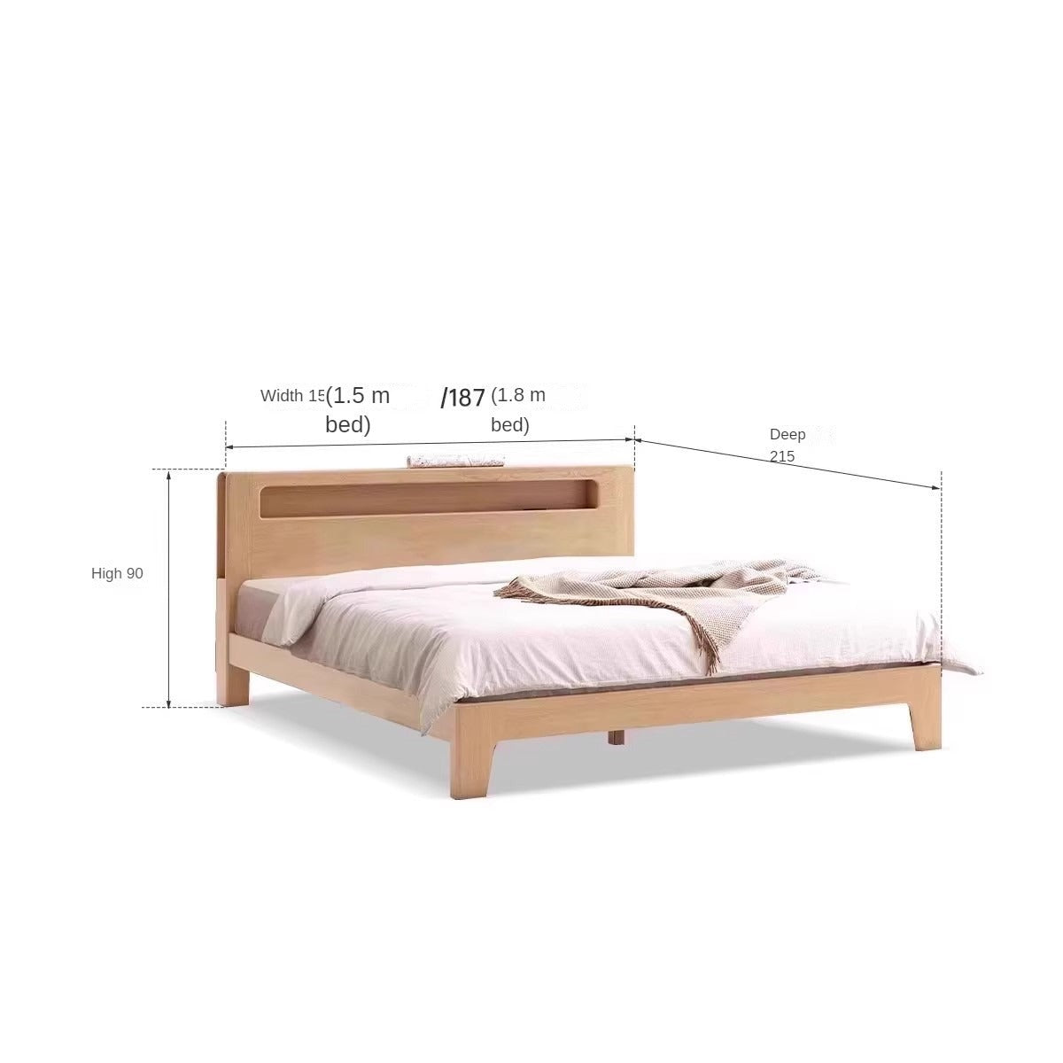 Oak solid wood bed with light and bookshelf