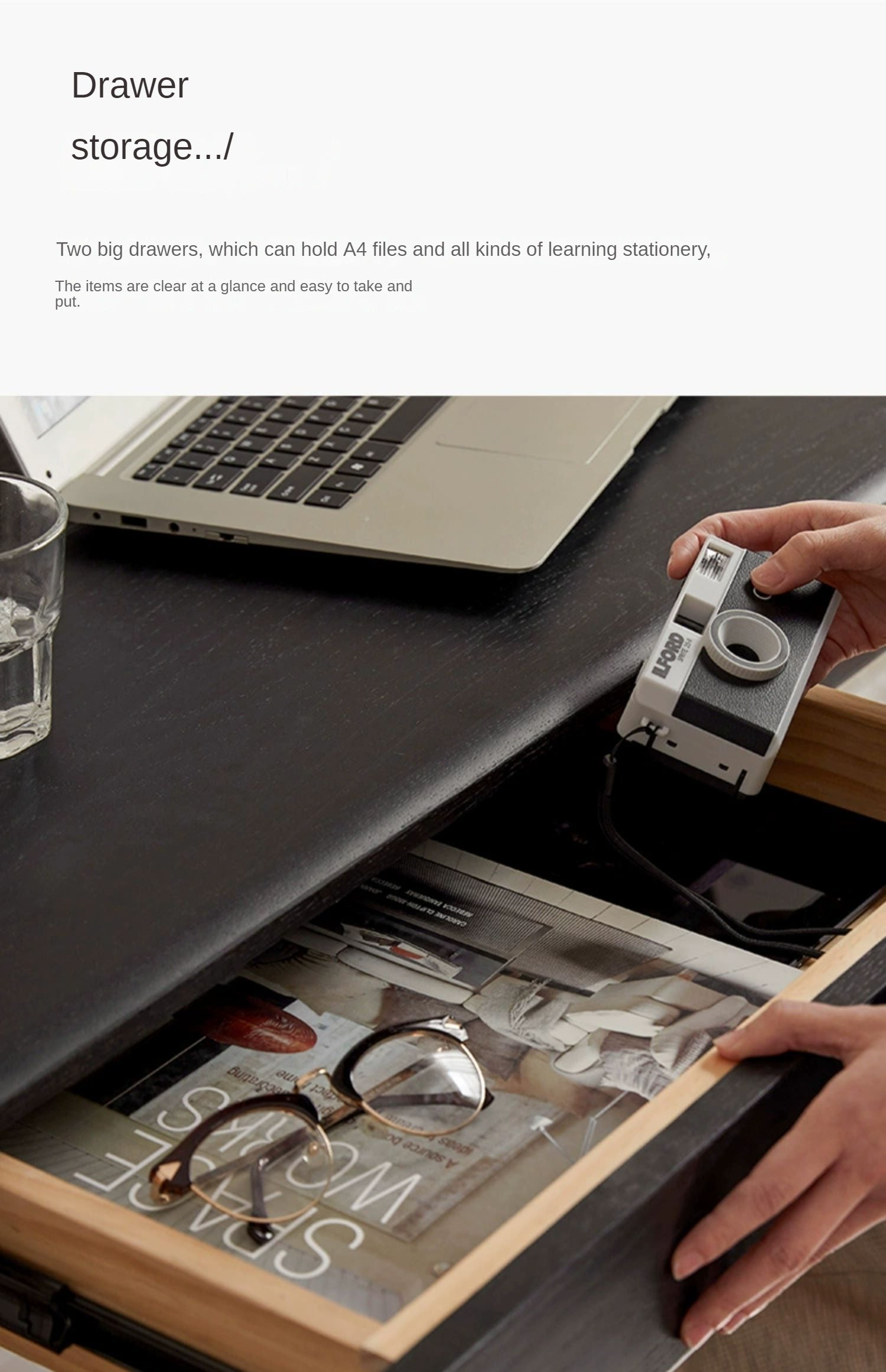 Oak Solid Wood Black Office Desk With Drawer