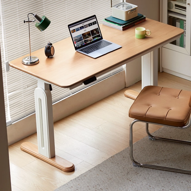 Beech Solid Wood Cream Style Study Electric Lift Desk