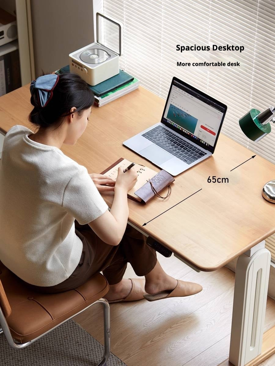 Beech Solid Wood Cream Style Study Electric Lift Desk