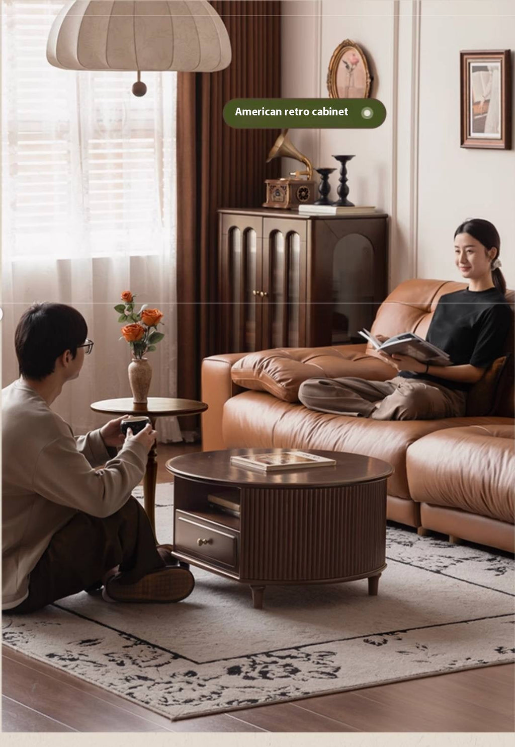 Poplar Solid Wood American Retro Style Round Coffee Table