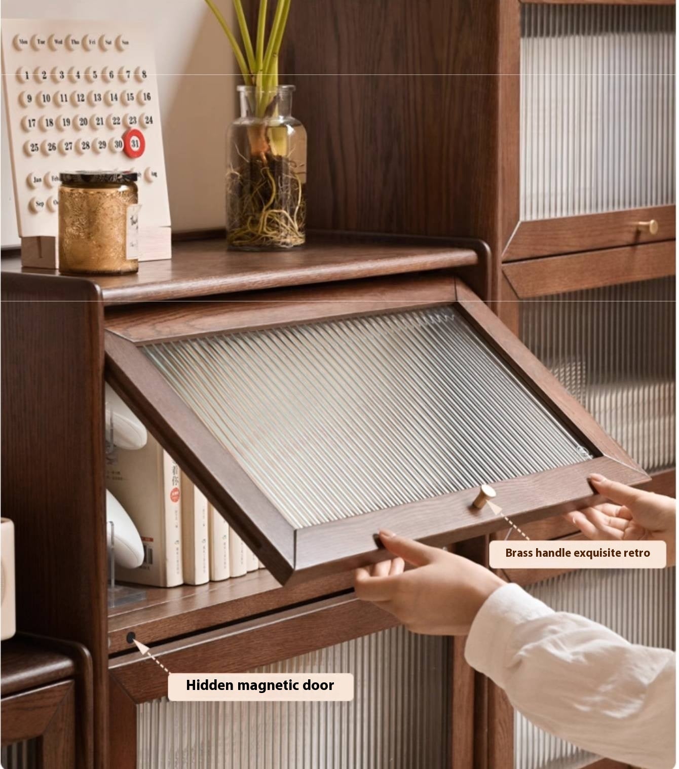 Oak Solid Wood Modern Glass Bookcase Combination