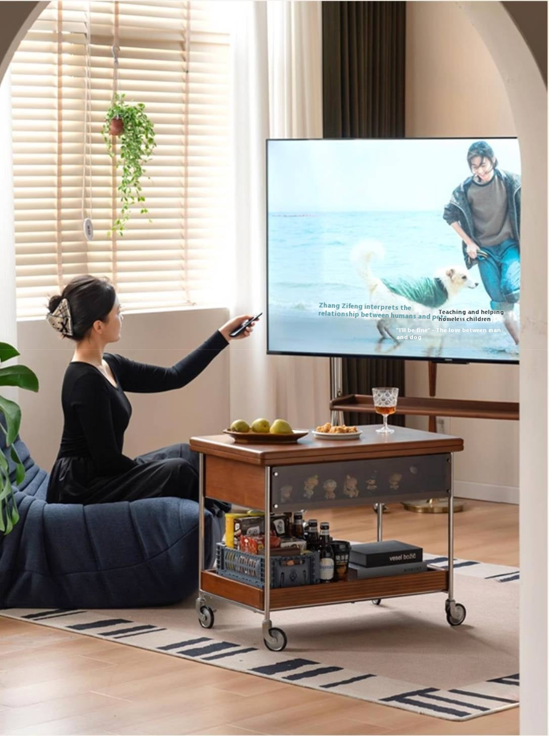 Poplar Solid Wood Middle Ancient Style Mobile Tea Table