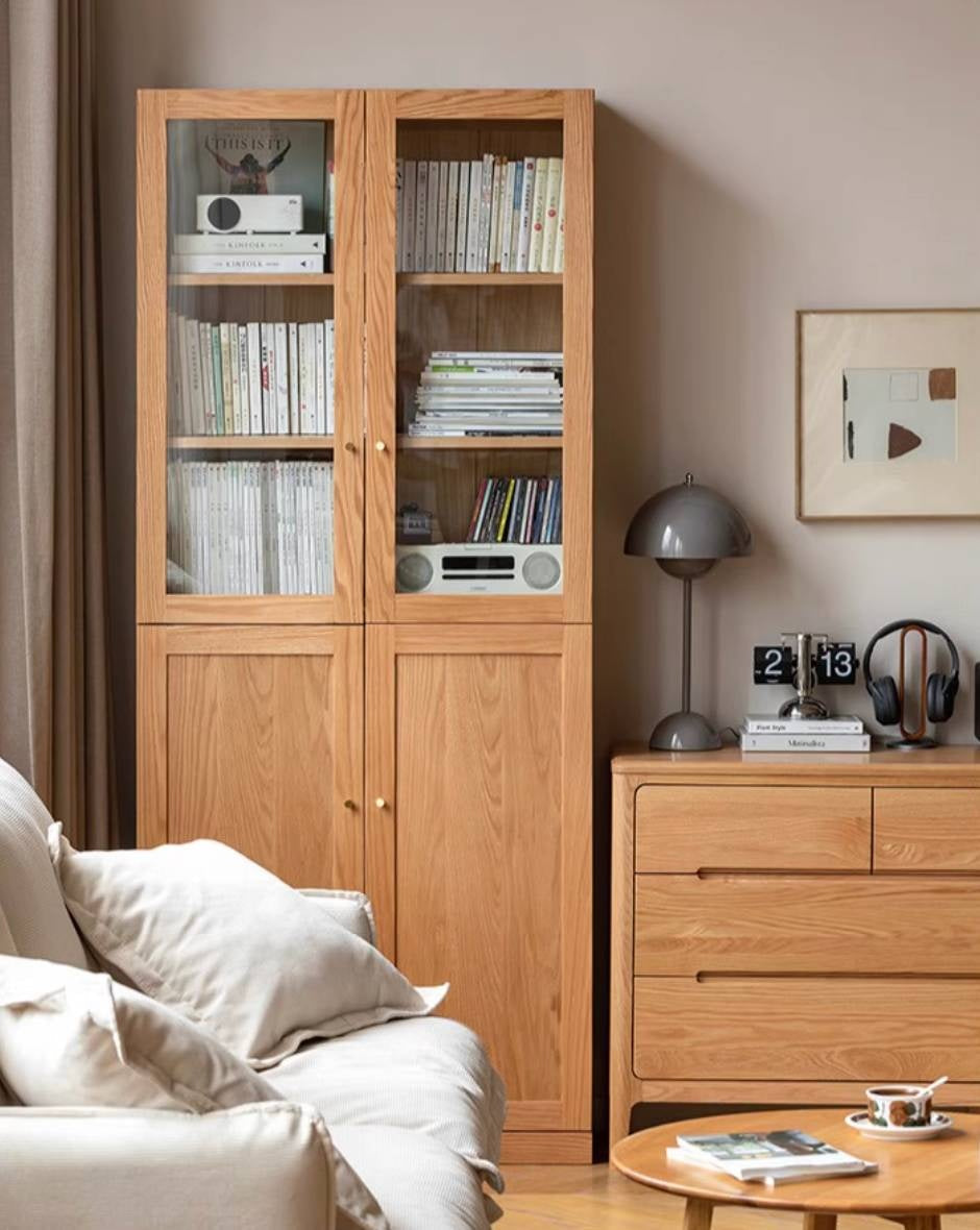 Oak, Rubberwood Solid Wood Bookcase With Glass Doors