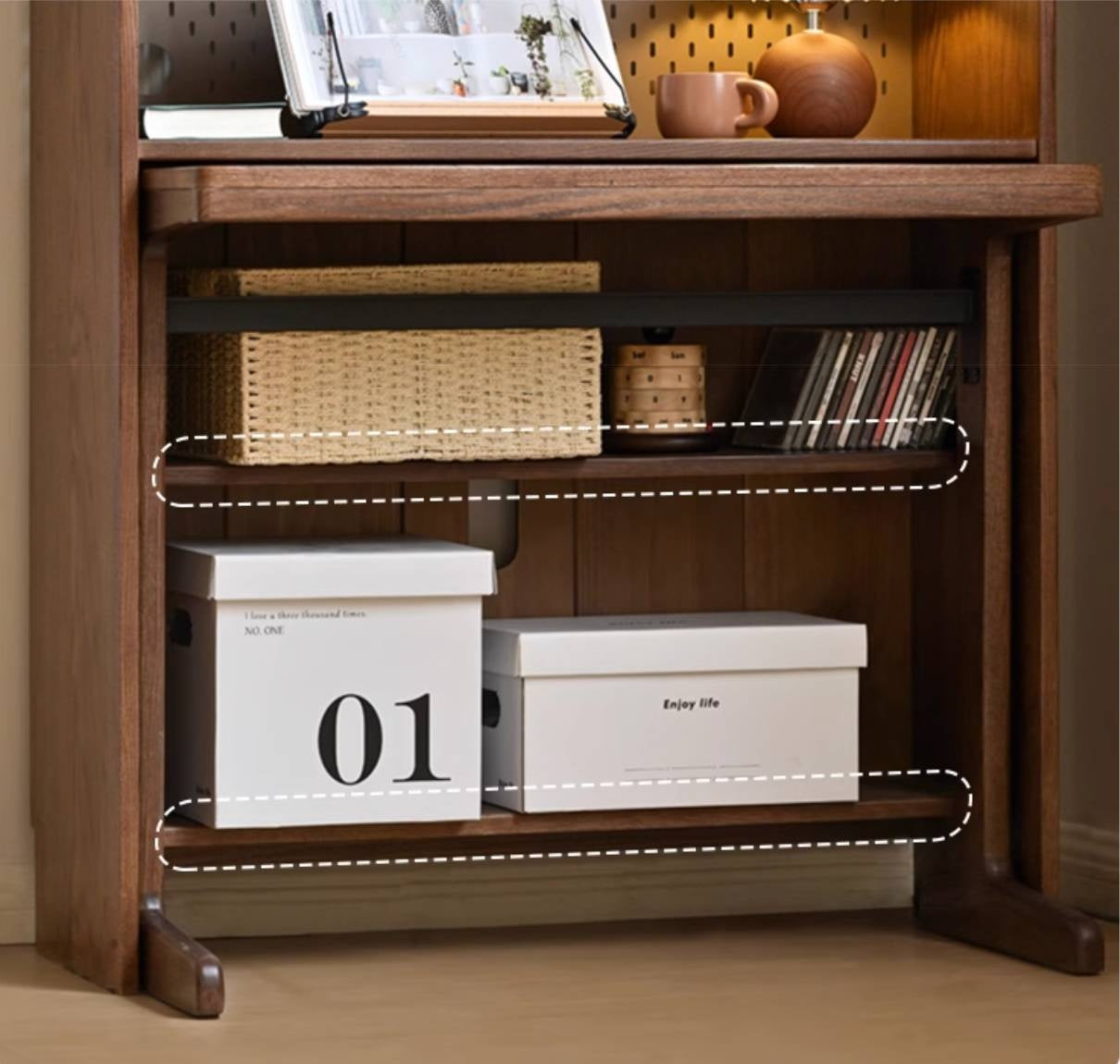 Oak, Black Walnut Solid Wood Office Desk With Integrated Bookshelf