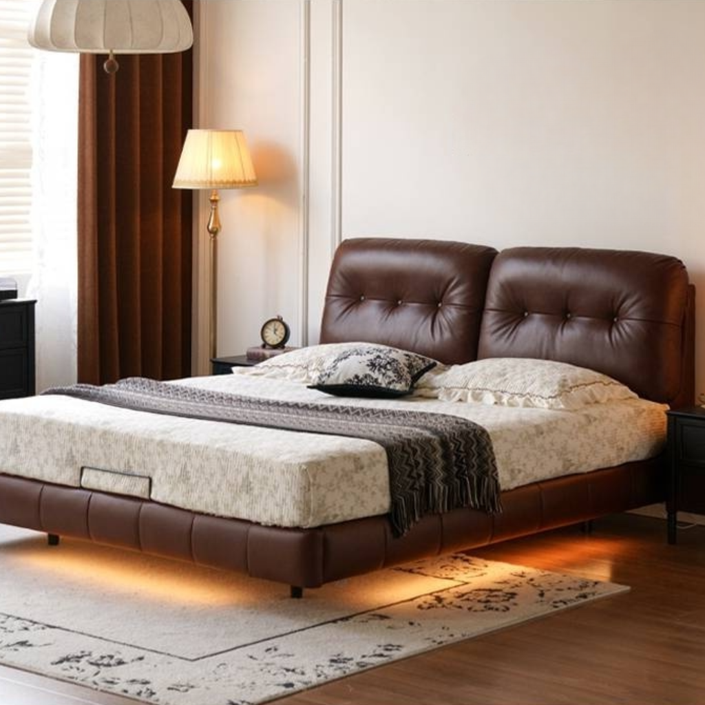 Leather American Retro Bed With Light