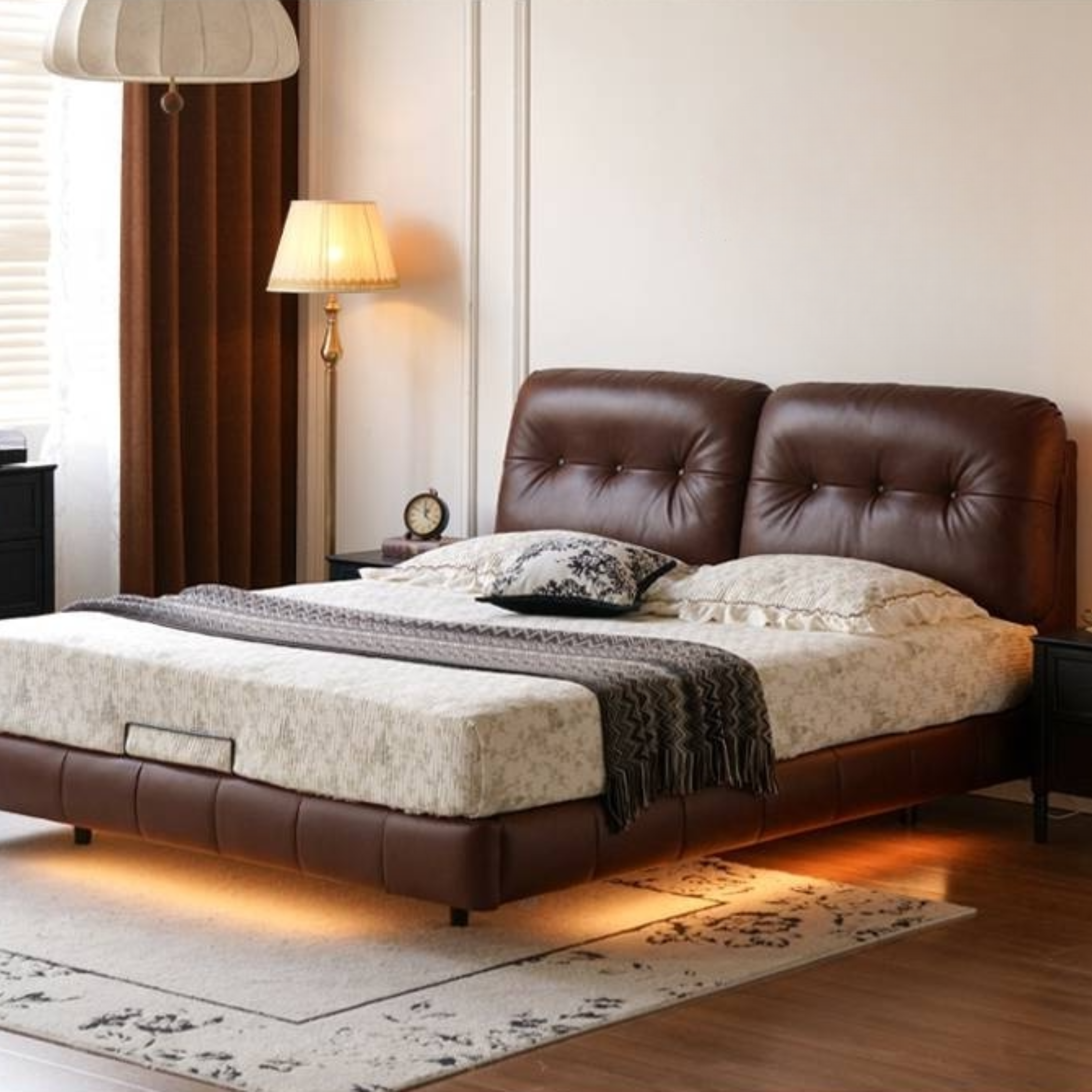 Leather American Retro Bed With Light