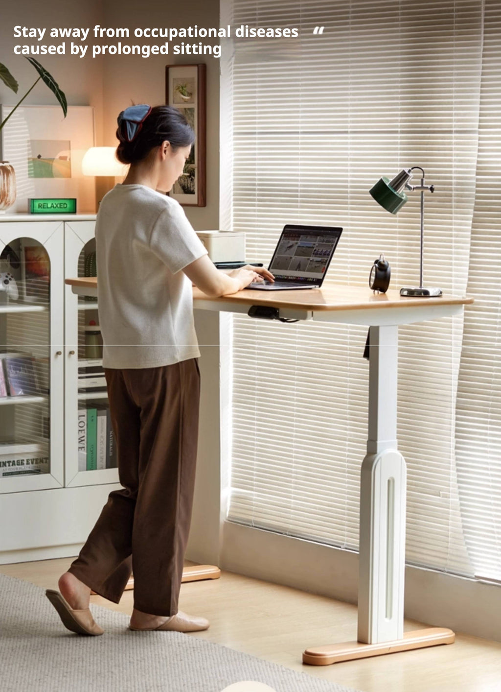 Beech Solid Wood Cream Style Study Electric Lift Desk