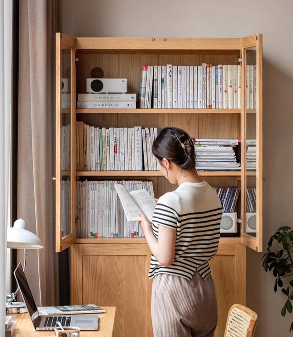 Oak, Rubberwood Solid Wood Bookcase With Glass Doors