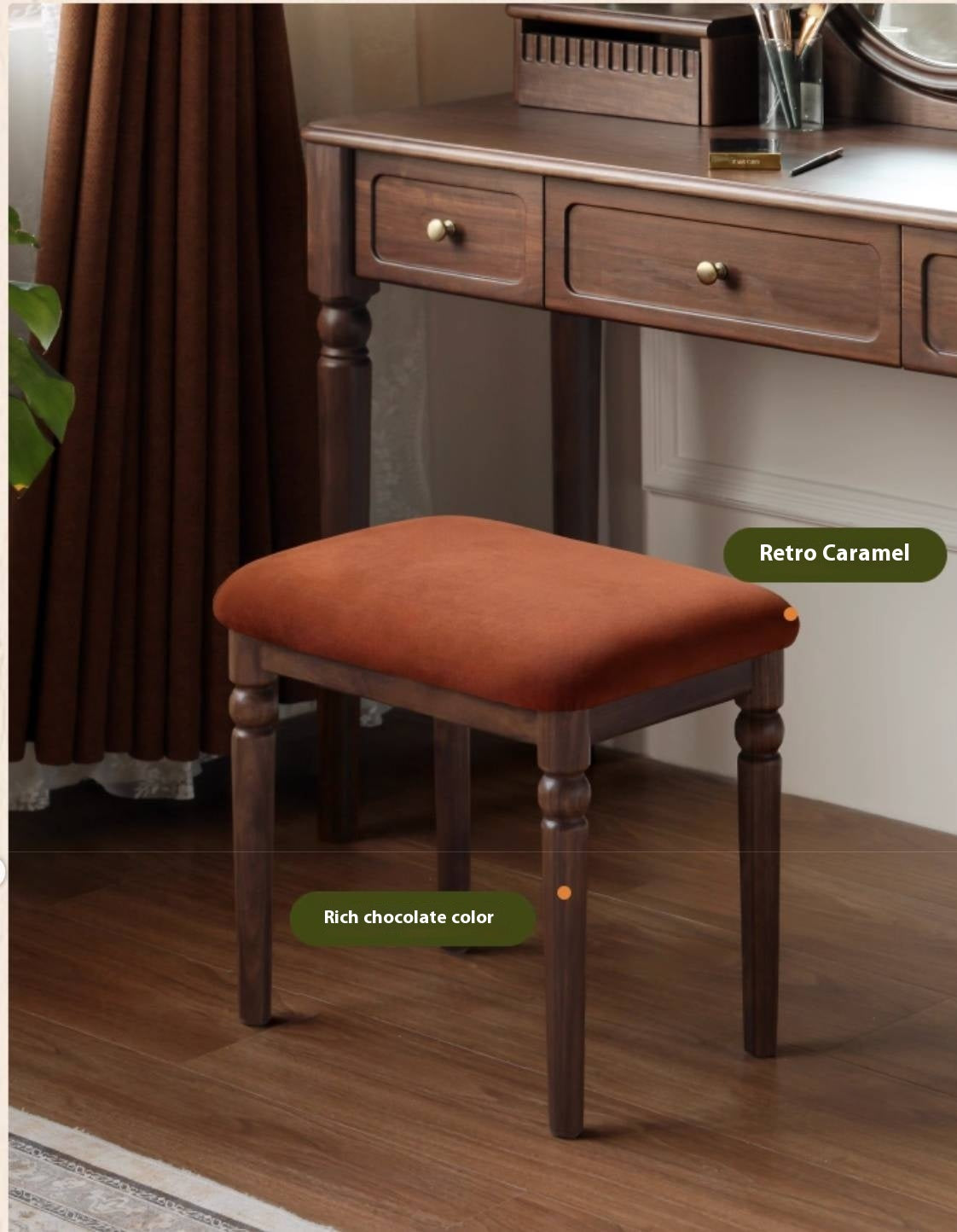 Black Walnut Solid Wood American Retro Style Makeup Stool