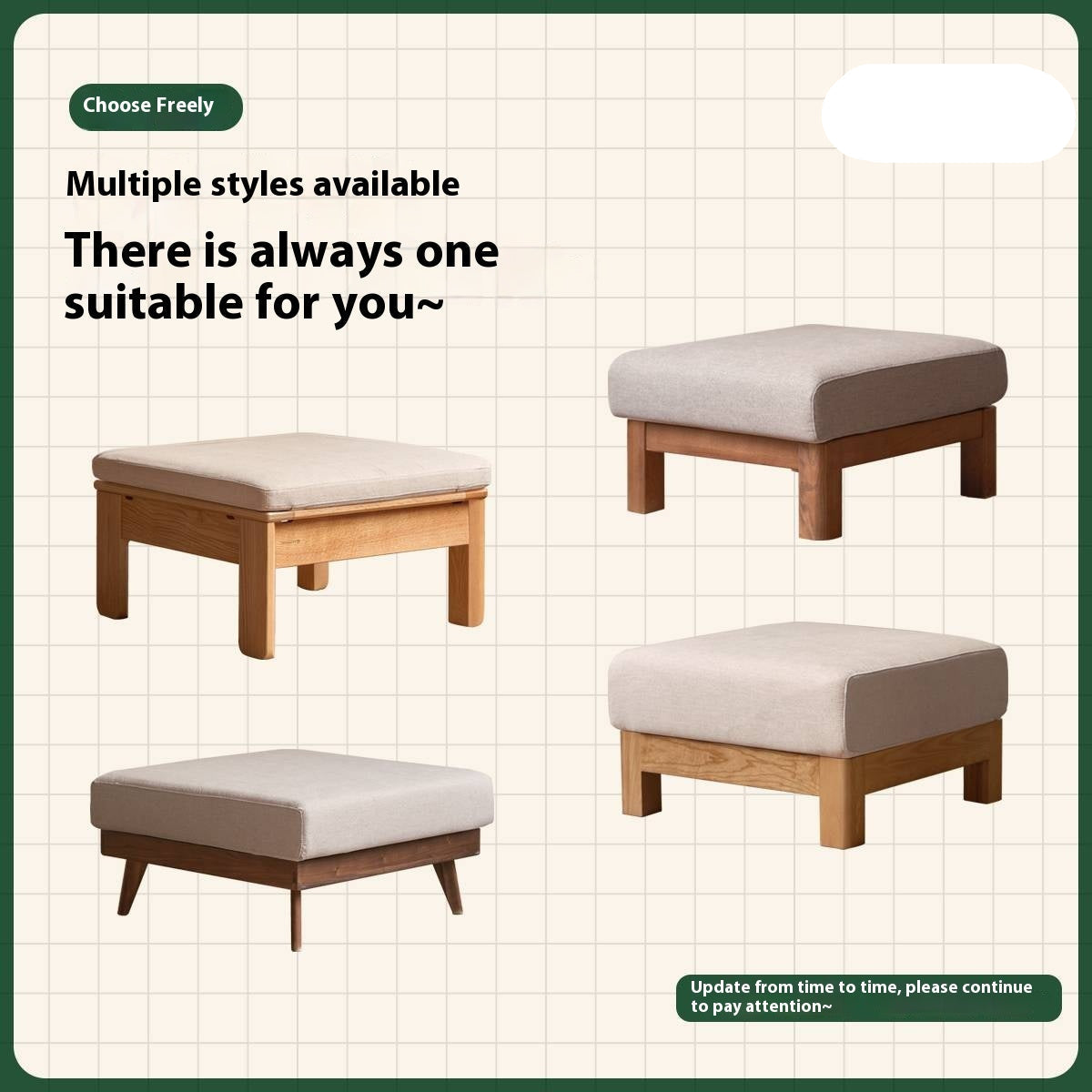 Black Walnut, Oak, Ash, Poplar Solid Wood Footstool Small Fabric Stool