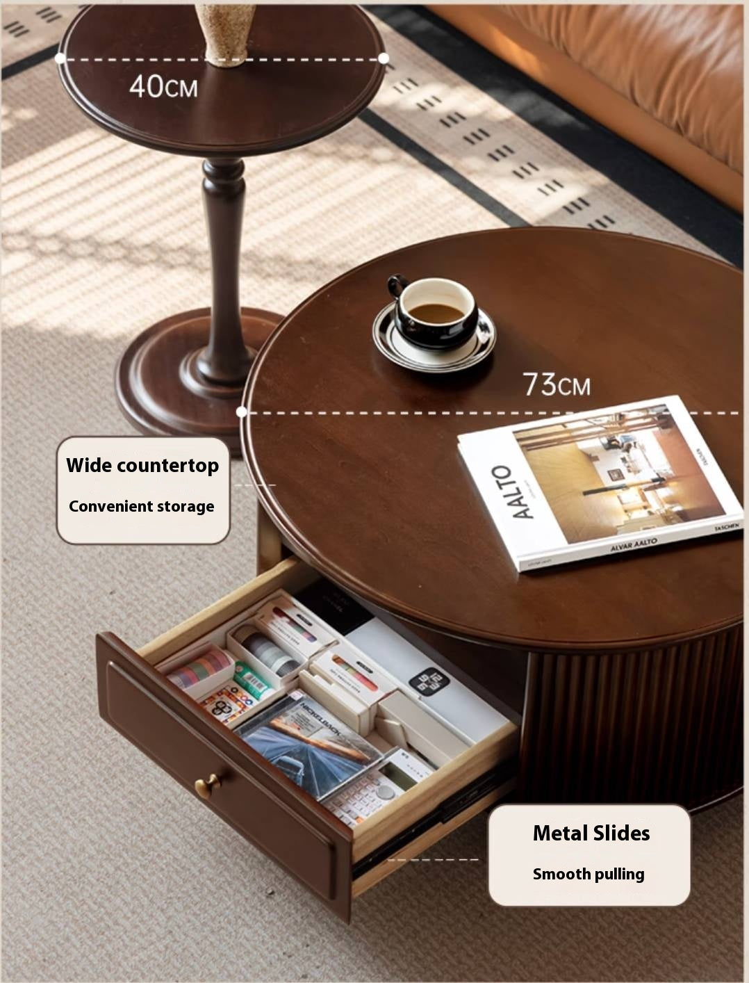 Poplar Solid Wood American Retro Style Round Coffee Table