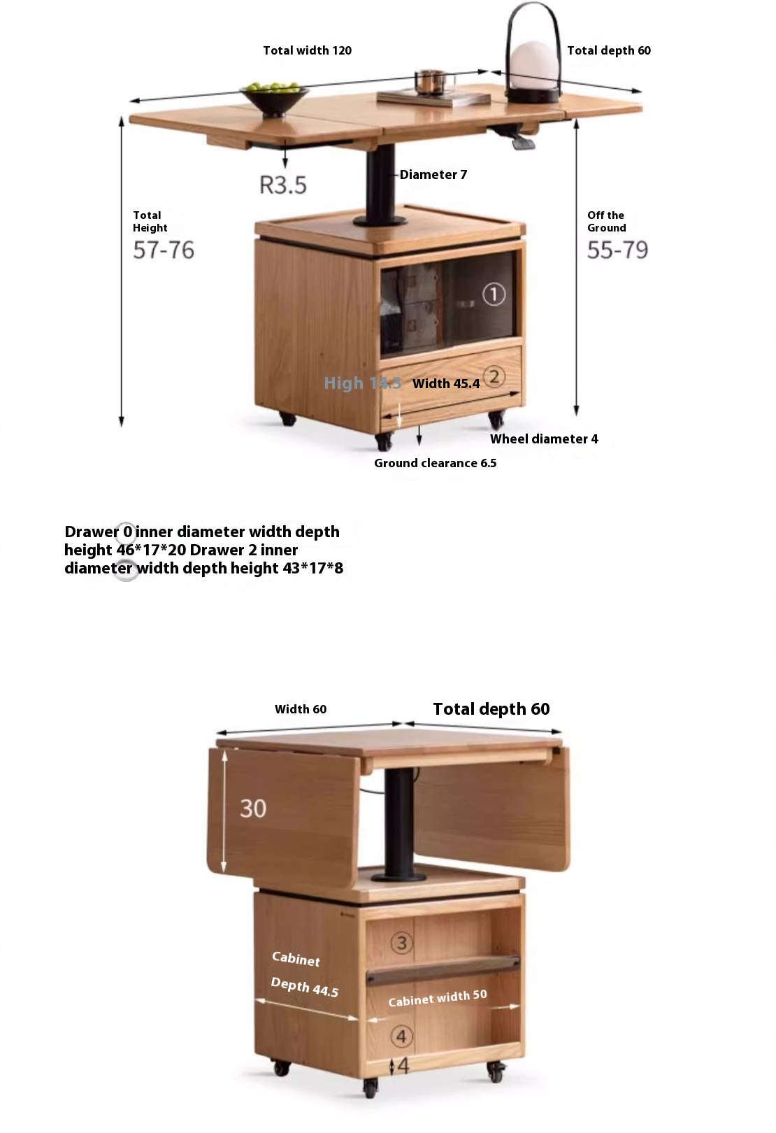 Oak Solid Wood Modern Style Lifting Mobile Coffee Table