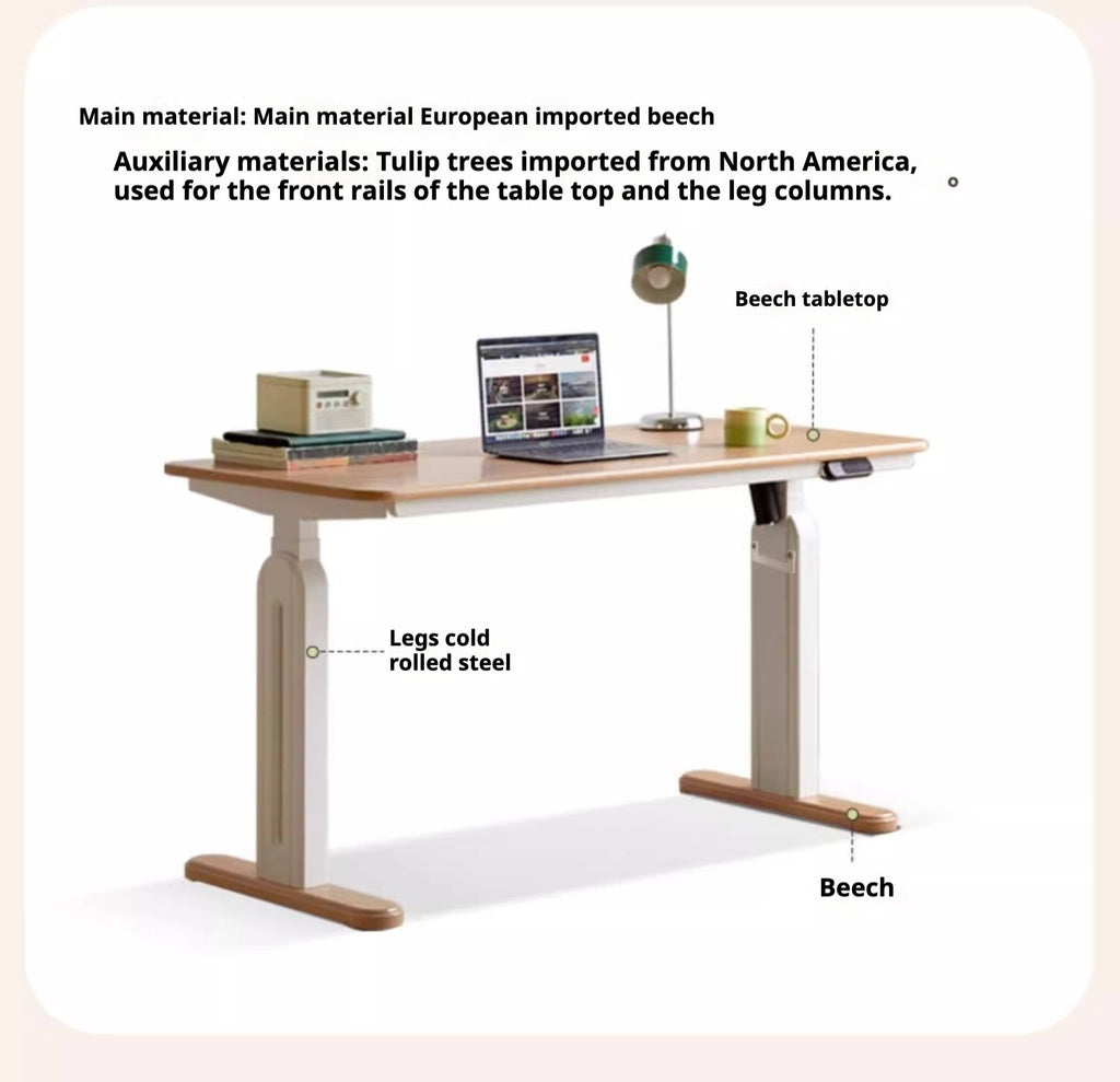 Beech Solid Wood Cream Style Study Electric Lift Desk