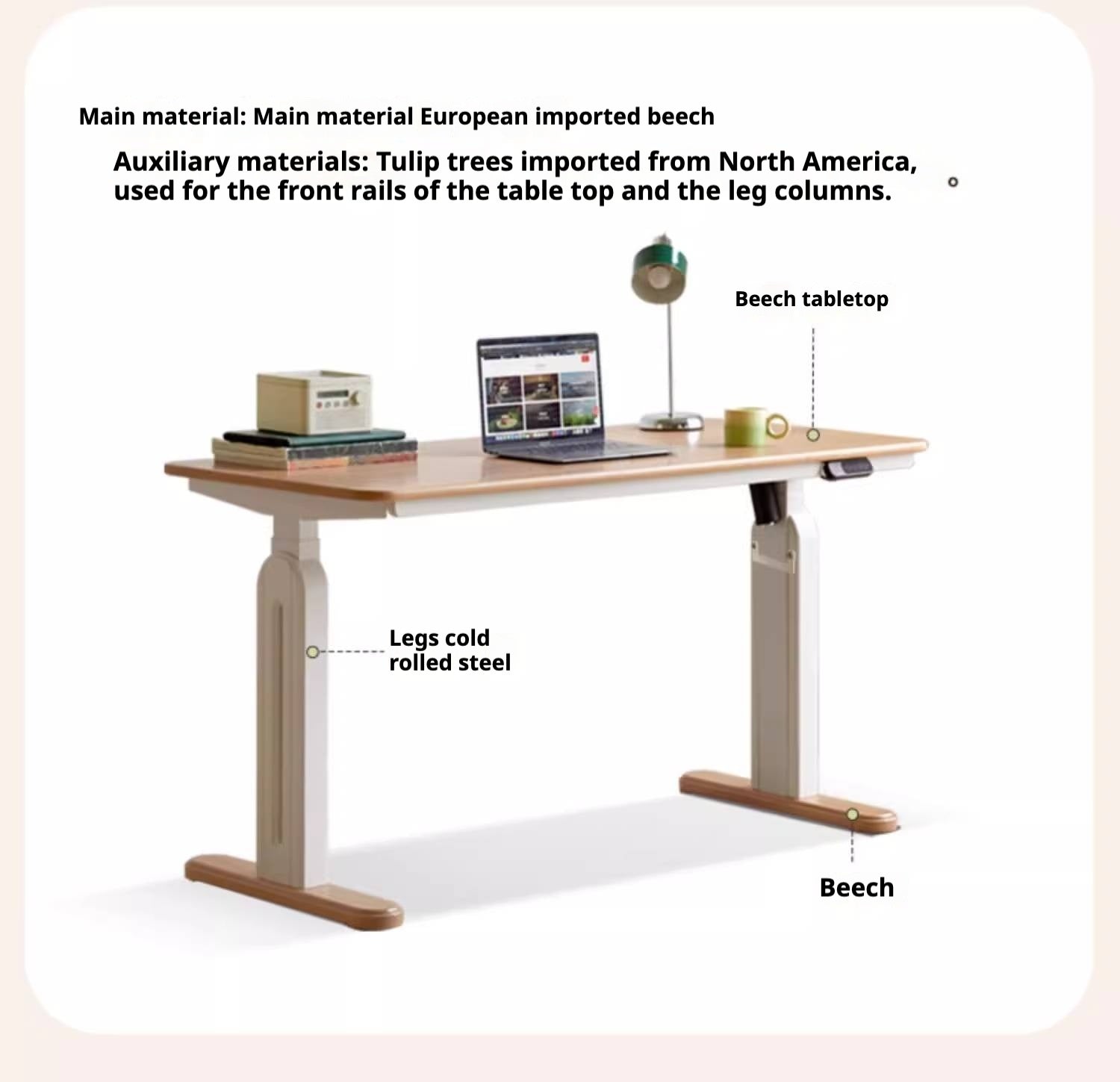 Beech Solid Wood Cream Style Study Electric Lift Desk