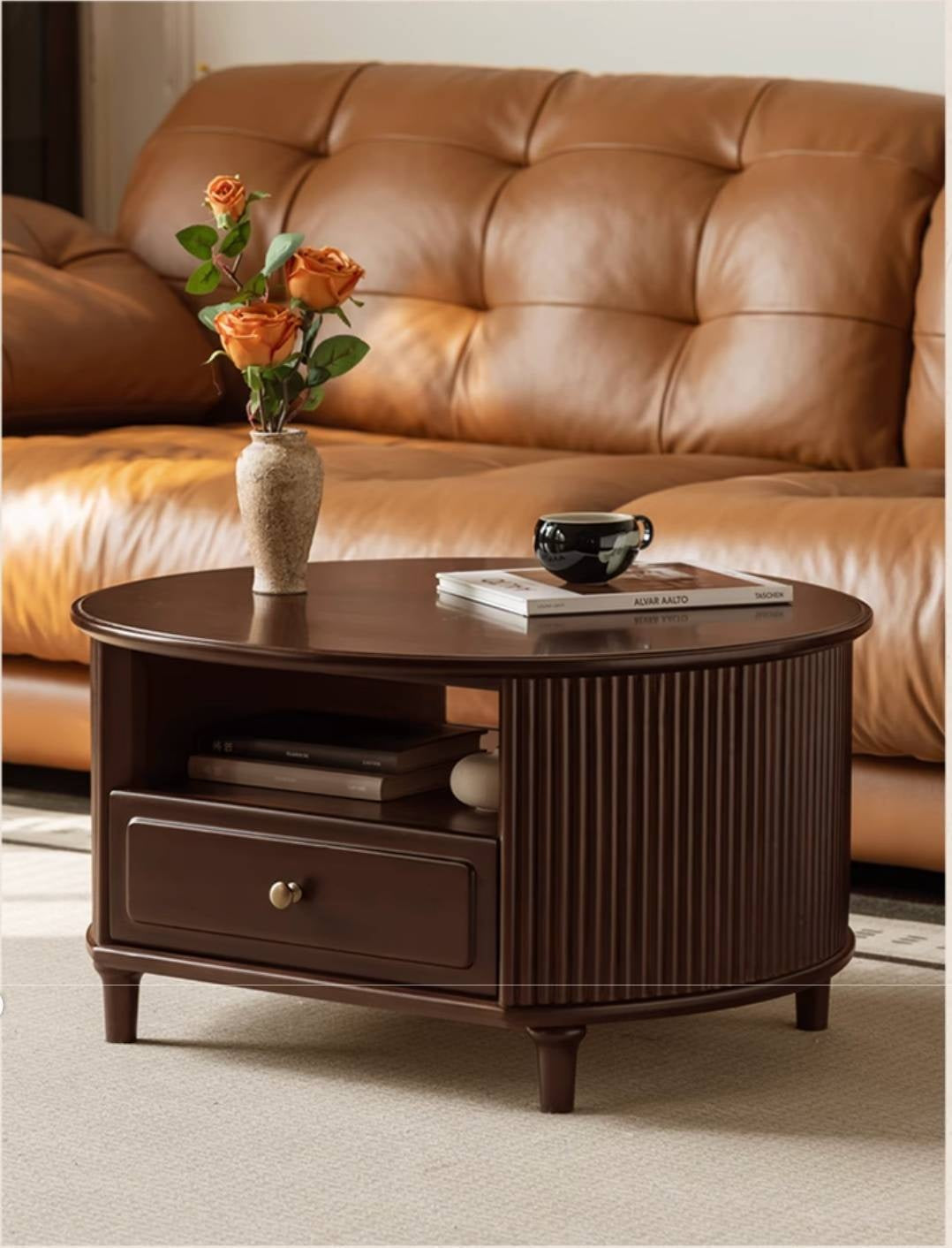 Poplar Solid Wood American Retro Style Round Coffee Table