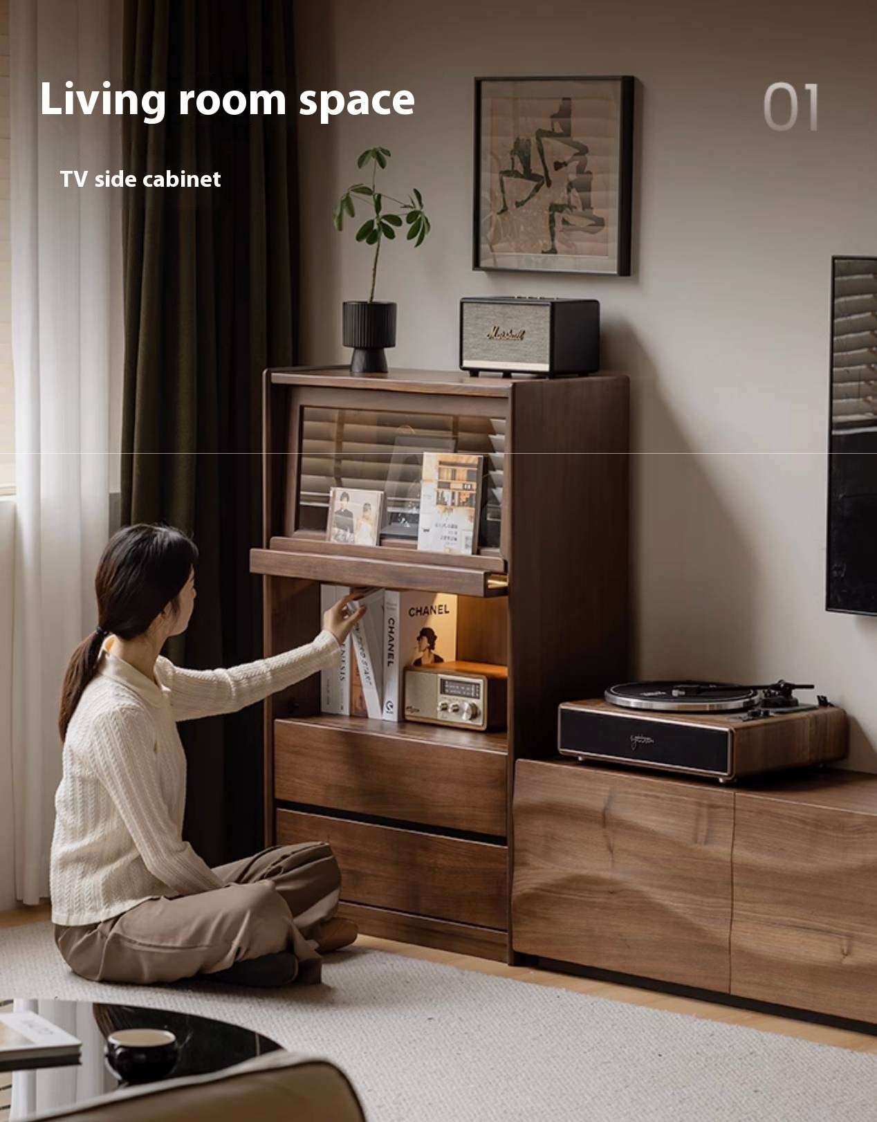 Black Walnut Solid Wood Modern Style Side Cabinet