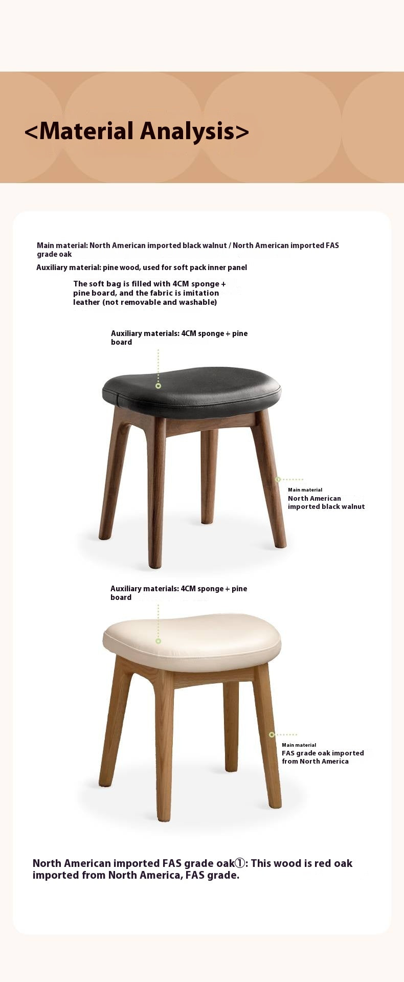 Ash, Black Walnut, Oak, Sandalwood Solid Wood Makeup Stool