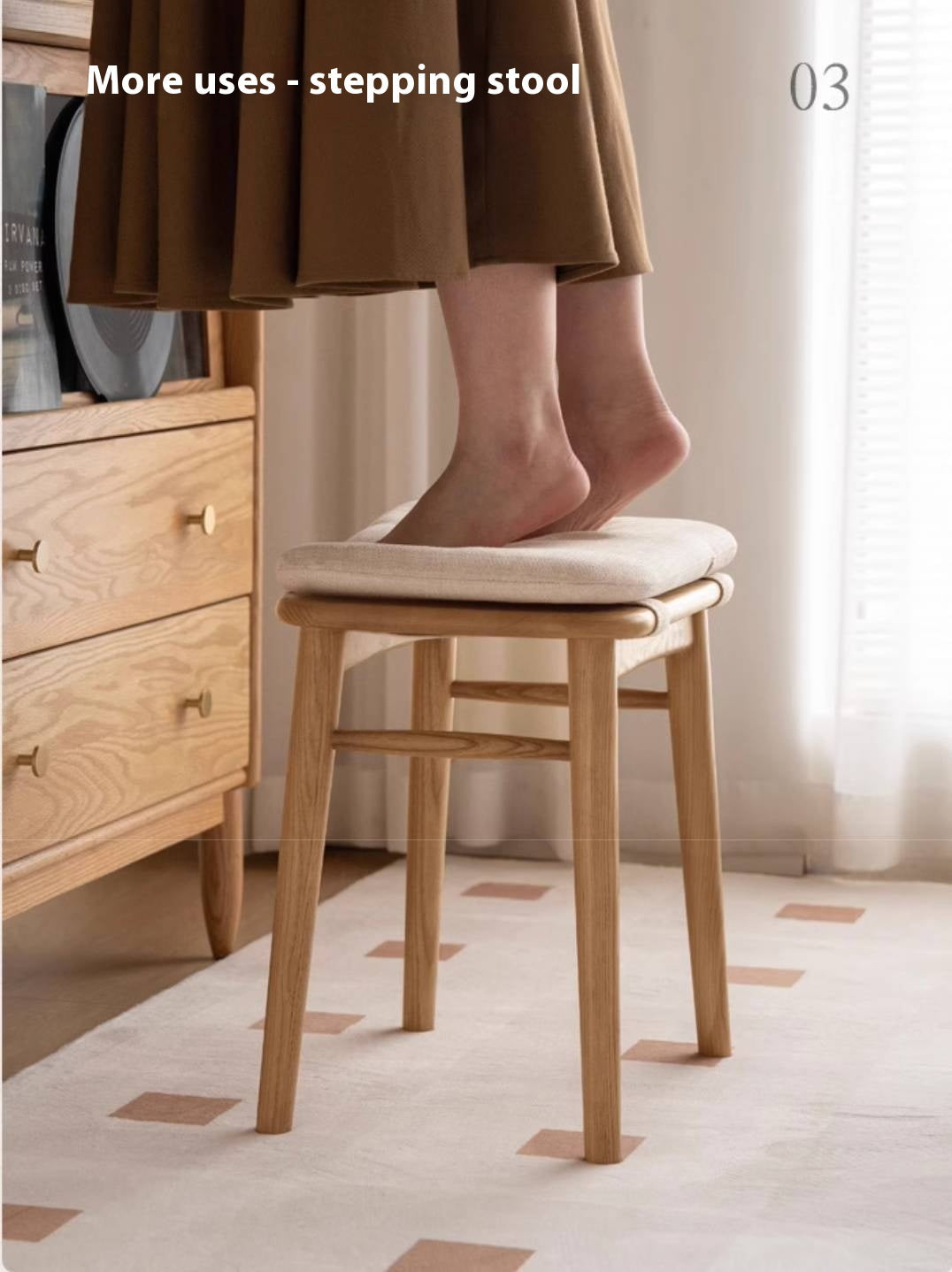 Ash Solid Wood Square Makeup Stool