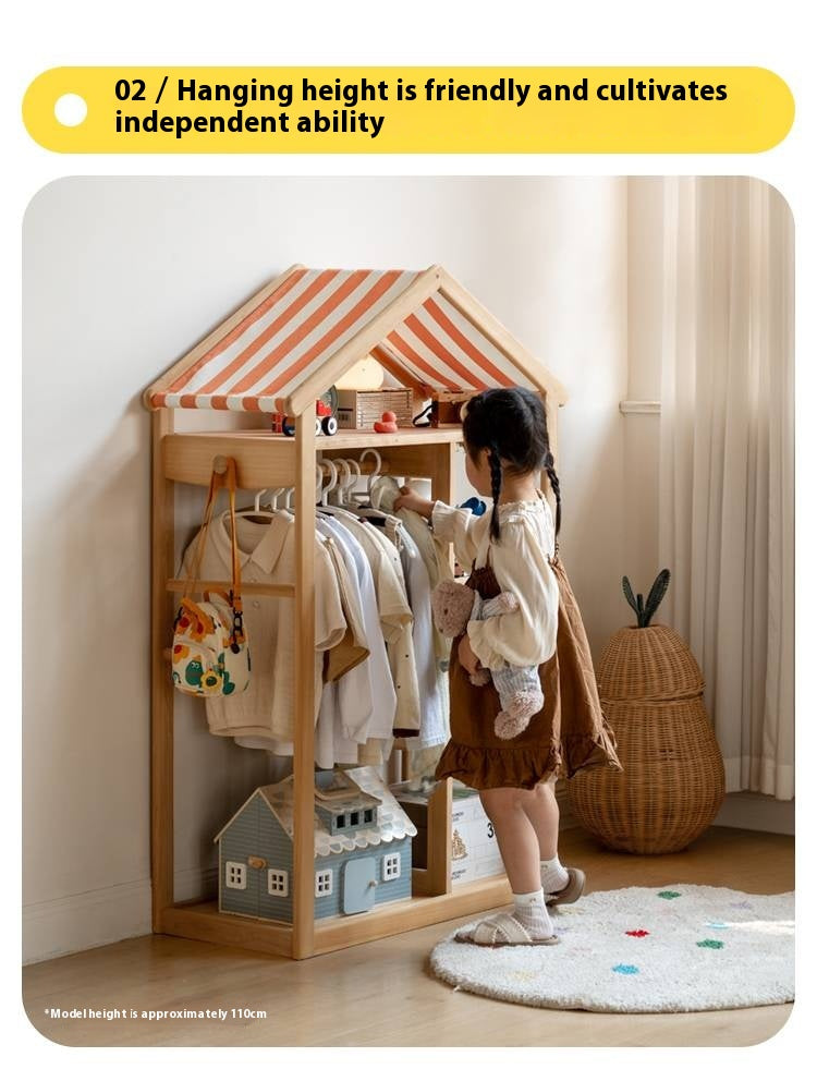 Poplar Solid Wood Children's Toy Storage Cabinet and Wardrobe With Hangers