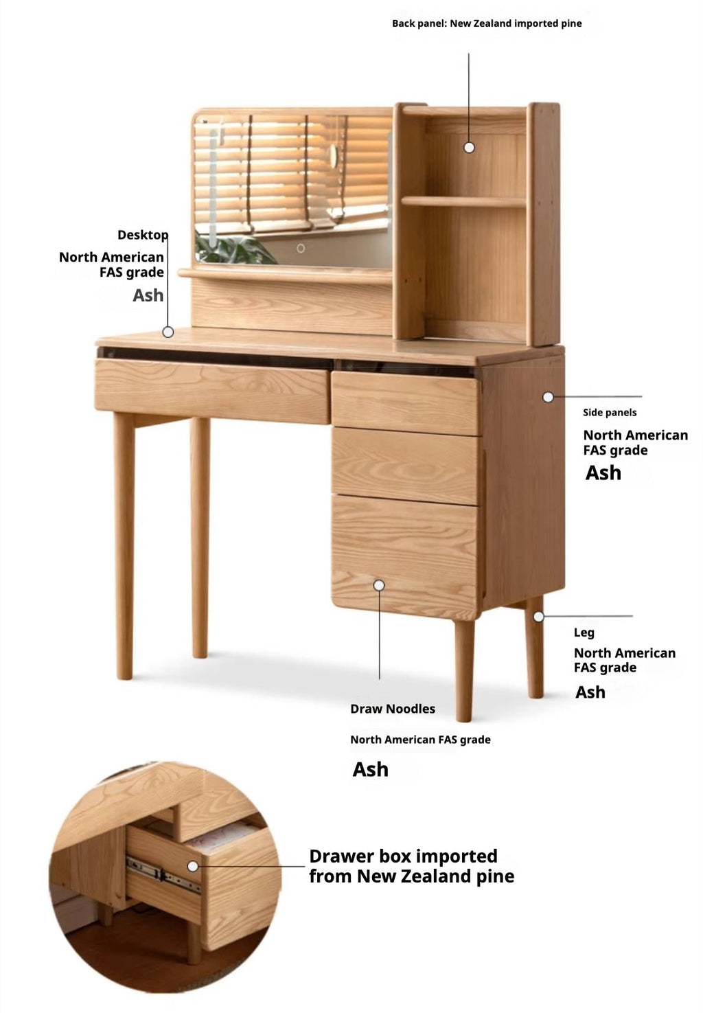 Ash Solid Wood Multifunctional Modern Dressing Table