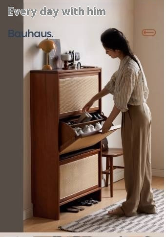 Poplar Solid Wood Rattan Shoe Cabinet Antique Style