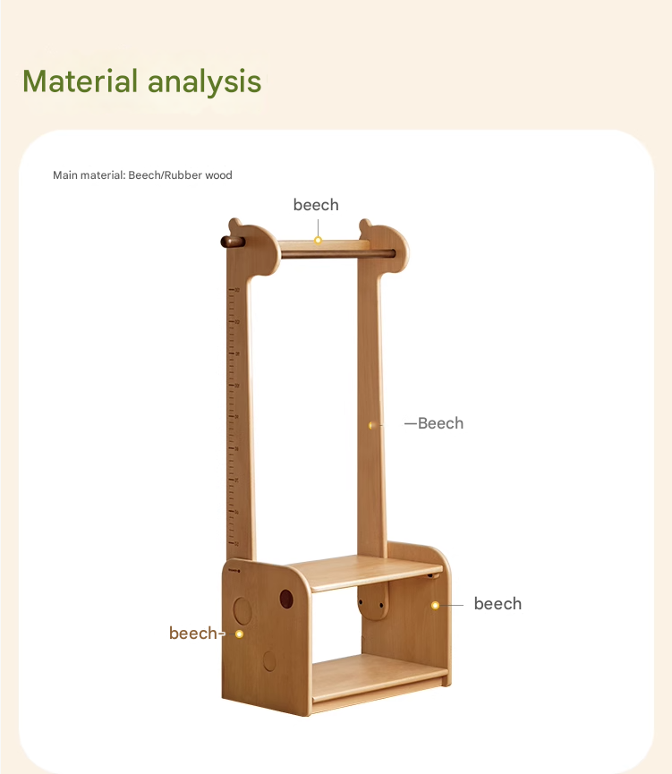 Beech, Solid Rubberwood Children's Coat Rack