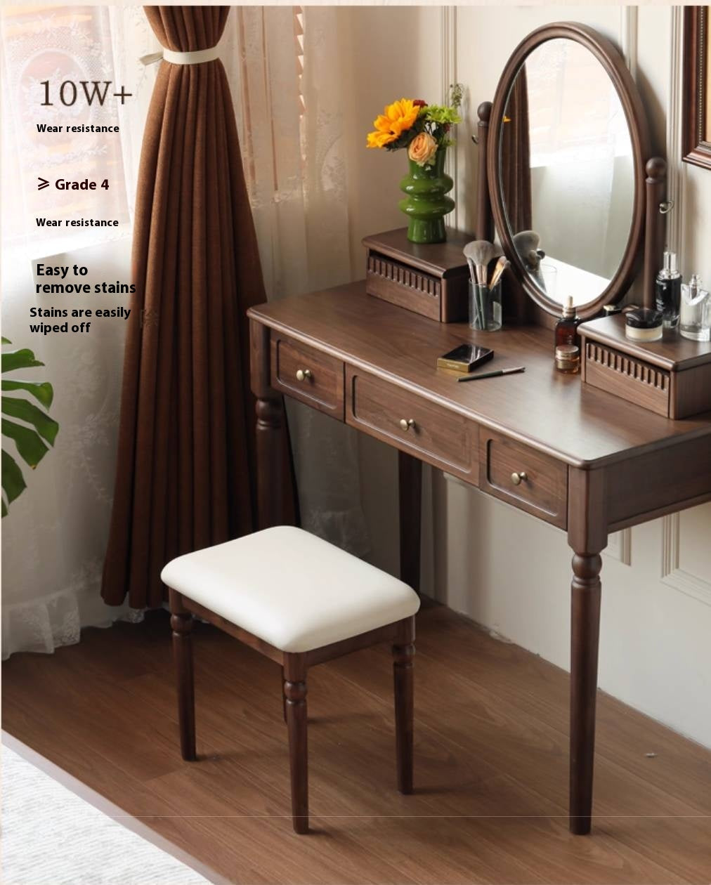 Black Walnut Solid Wood American Retro Style Makeup Stool