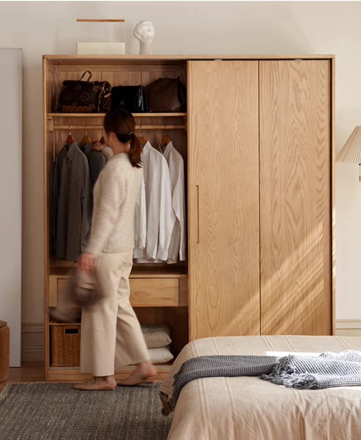 Oak, Ash Solid Wood Wardrobe With Sliding Doors.