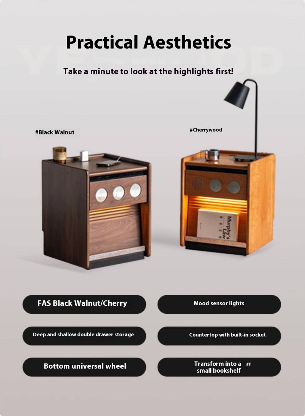 Black Walnut, Cherry, Ash, Poplar Solid Wood Nightstand