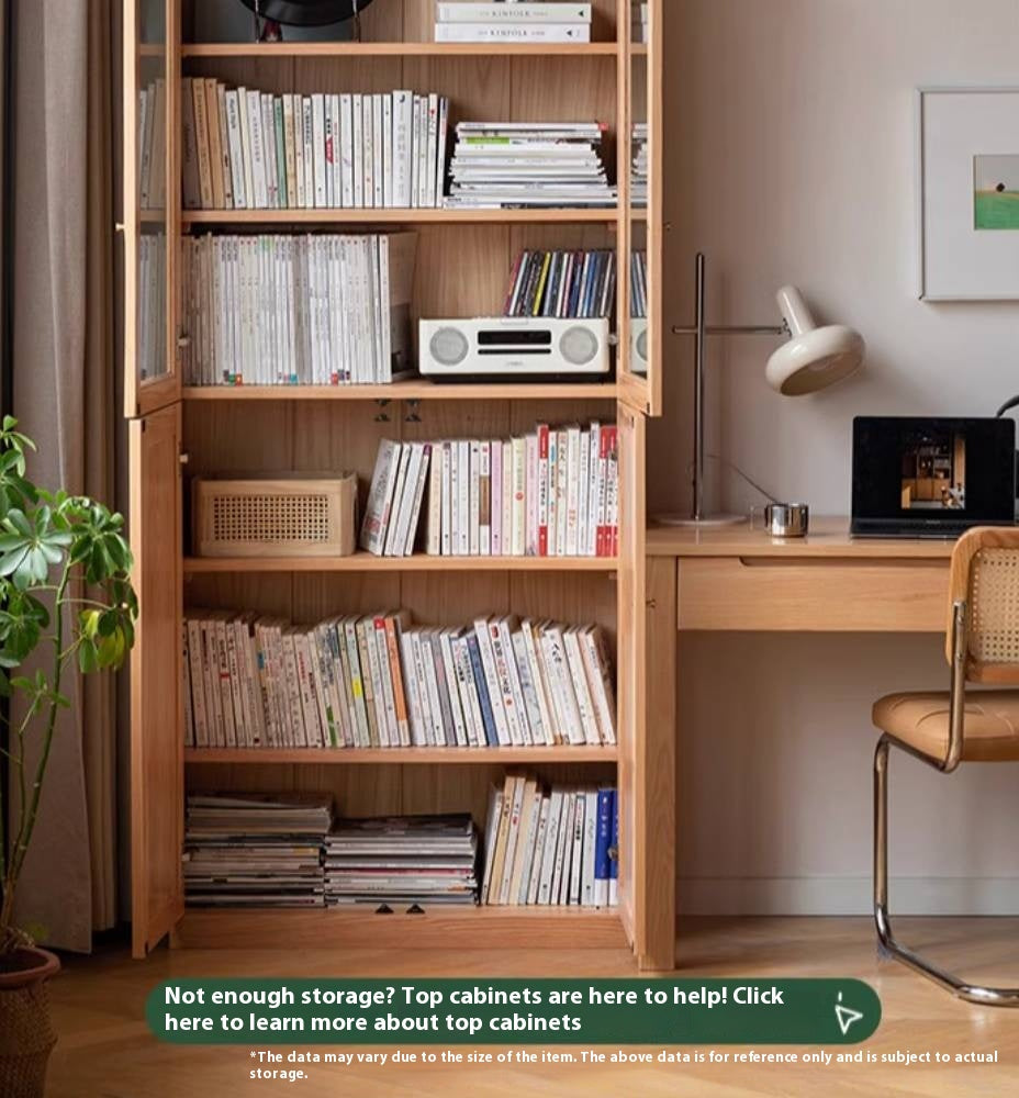 Oak, Rubberwood Solid Wood Bookcase With Glass Doors