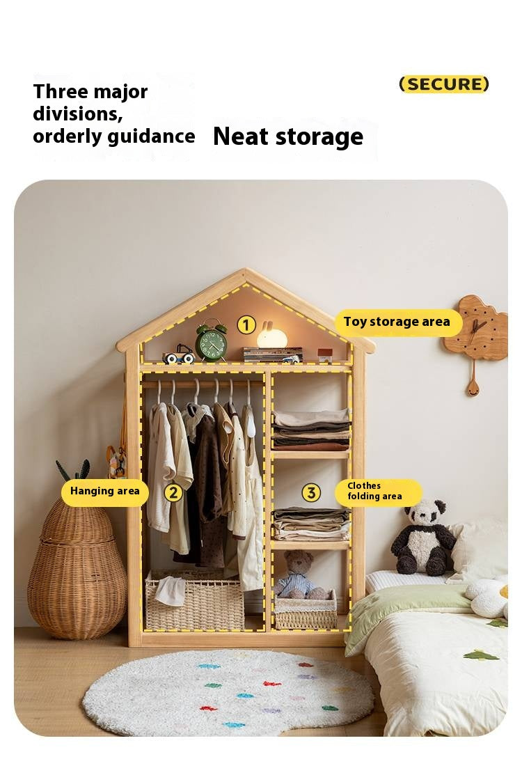 Poplar Solid Wood Children's Toy Storage Cabinet and Wardrobe With Hangers